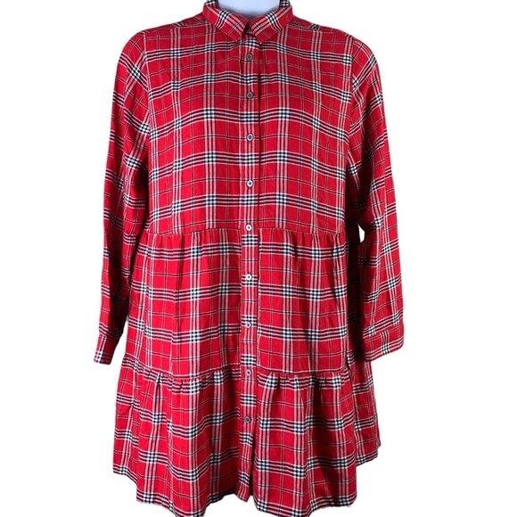 LOFT Dresses & Skirts - Loft XL Dress Plaid Button Front Long Sleeved Red White Black Knee Length